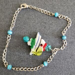 Angelfish charm bracelet with tiger's Eye and cracked glass beads